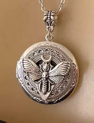 Lunar Moth Locket Necklace Evening Butterfly Crescent Moon Silver Plated Pendant • $24