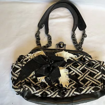 Mary Frances Vintage Purse Gray Black White Leather Beads Yarn See Pictures • $18