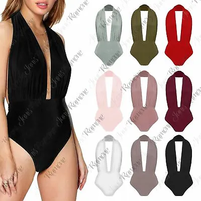 £7.99 • Buy New Womens Plain Halter Neck Backless Slinky Leotard Bodysuit Plunge Stretch Top