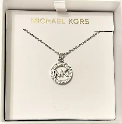 New Michael Kors Silver-tone Crystal Pave Circular Logo Necklace Msrp $115.00 • $54.95