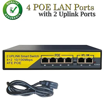 4CH POE Switch With 2 Uplink Ports 4 Port Power Over Ethernet LAN Network HUB UK • £24.85