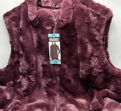 Women's Size 2X Nicole Miller Reversible Quilted Faux Fur Vest Wine Color • $32.26