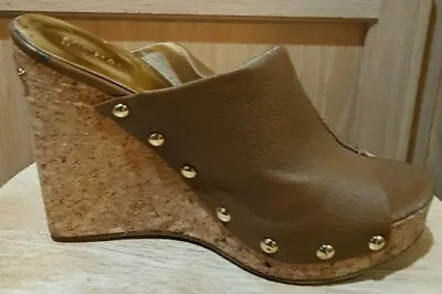 Michael Kors Belinda Mule Mocha Leather/Suede Studded Wedge Heels 9M • $69.99