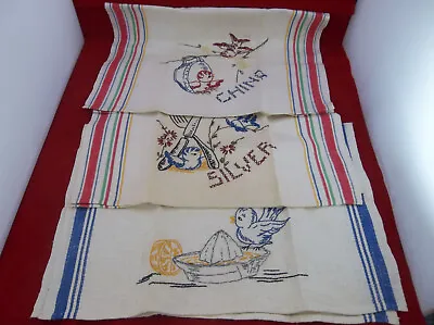 Lot Of 3 Vintage Hand Embroidered Linen Kitchen Bird Dish Towels • $18.22