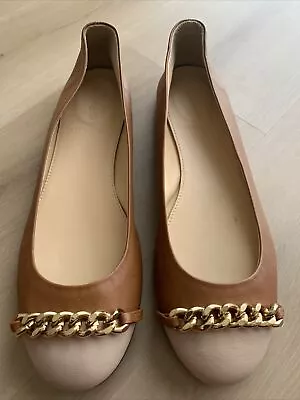 EUC J. CREW Women’s “Nora” Leather Ballet Flat Cap Toe Chain Detail Brown Sz 9 • $44.99