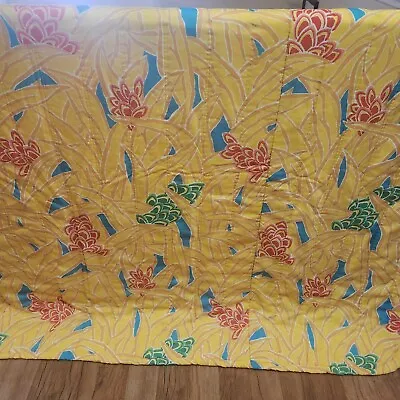 Vintage 80s Bedspread Queen Size Yellow Quilted Polyester Hawaiian Floral • $84.47