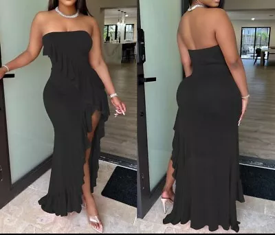 Stylish New Women Off Shoulder Side Slit Ruffled Mesh Bodycon Long Dress Club • $25