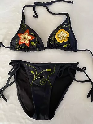 Vintage Y2K VIX Victorias Secret Bikini Swimsuit Black Sequin Embroidered SM EUC • $79.99