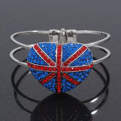 £32 • Buy Diamante Union Jack 'Heart' Hinged Bangle In Silver Plating - Up To 19cm Wrist