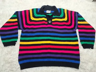 VENEZIA Striped 80s Button Up XL Sweater Black Shoulder Pads Vintage Collar • $24.95