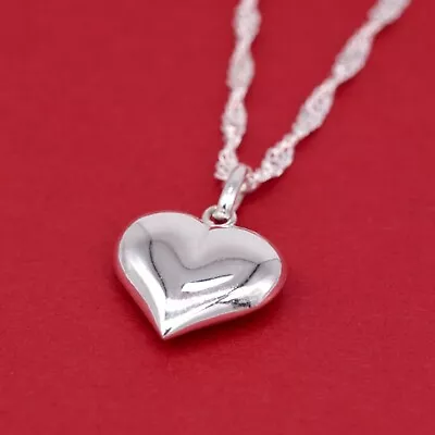 Genuine 925 Sterling Silver 3D Puffed Heart Pendant Necklace On Singapore Chain • £8.39