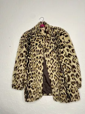 Vintage Miss Selfridge Leopard Faux Fur Coat UK 14 Cream Brown • $30.82