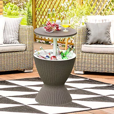 8-Gal Patio Ice Cooler Bucket Cool Bar Side Table W/ Retractable Tabletop Brown • $95.99