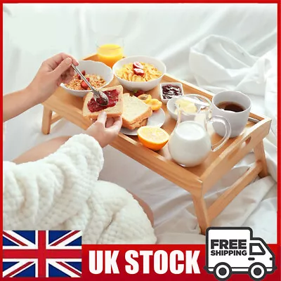 Bamboo Lap Tray Serving Tray With Handles Wooden Breakfast Bedroom Folding Legs • £11.99