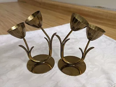 Vtg. MCM Ystad Metall Sweden Pair Of Double Tulip Brass Candlesticks. • $100