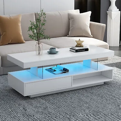 LED Coffee Table With 2 Storage Drawers And Open Shelves High-Gloss Center Table • $209