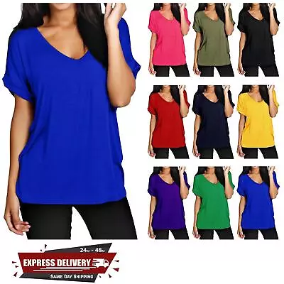Ladies Women Oversized Batwing Sleeve Baggy Loose Fit Turn Up V Neck T Shirt Top • £3.99