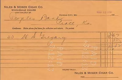 United States Niles & Moser Cigar Co. Kansas City 1913 Cigars Receipt Ref 39315 • $8.71