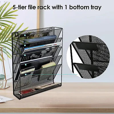 5-Tier Wall Mounted Magazine File Rack Mesh Organizer For Papers Letter Document • £15.59