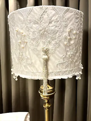 Victorian Downton Abbey Traditional White Lace Pearl Tassel Lampshade 18in 45cm • £150