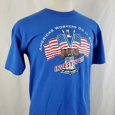 American Workers Do It Best T-Shirt Large Crew Blue Flags Labor Unions Made USA • $15.99