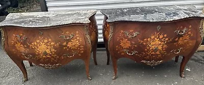 Pair French Louis Xv Style Floral Inlaid Marble Top Chest Commodes • $2528.75