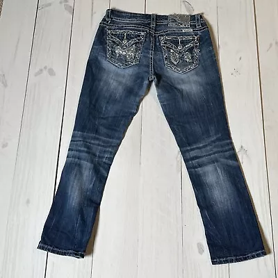 Miss Me Standard Easy Crop Jeans Distressed Denim Embellished Rhinestone Size 27 • $27.95