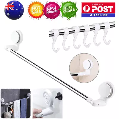 Wall Mounted Towel Bar Suction Cup Bathroom Shelf Towel Rack With 6 Sliding Hook • $19.66