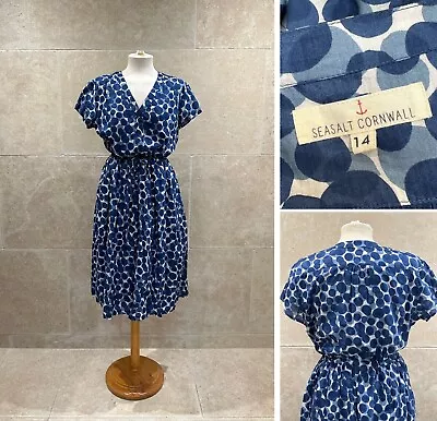 SEASALT Dress Vintage Style Rockabilly Blue Dot Cotton Cap Sleeve Summer UK 14 • £12.50