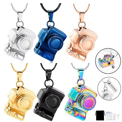 Camera Cremation Jewelry Urn Necklace For Ashes Stainless Steel Memorial Pendant • £11.99