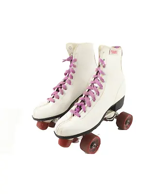 Vtg 70s Roller Derby Lace Up Leather Roller Skates White Purple Womens Size 9 • $79.96