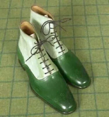 New Handmade Pure Green & Hash White Leather Ankle Boots For Men's • $179.99