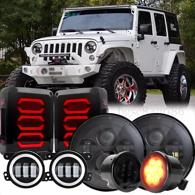 7  Halo Round LED Headlights Tail Lights Fog Light Turn Signal Combo For Jeep JK • $174.99