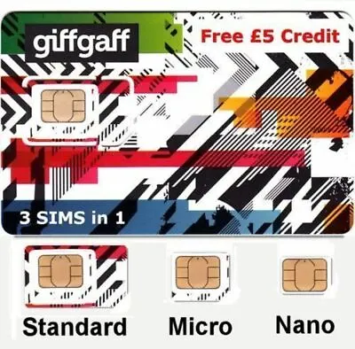 £1 • Buy 2 Giff Gaff Pay As You Go PAYG Nano Micro SIM Card FREE £5 Credit UK GIF GAF £