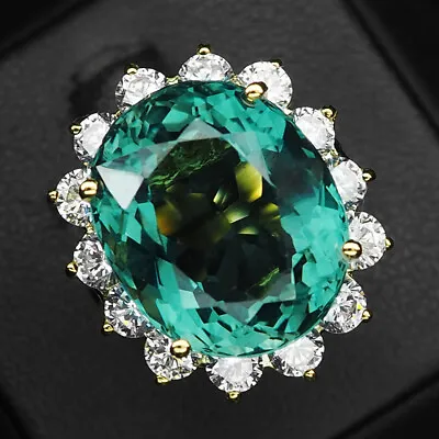 Aquamarine Blue Green Oval 13.60 Ct. Sapp 925 Sterling Silver Gold Ring Size 6 • $24.99