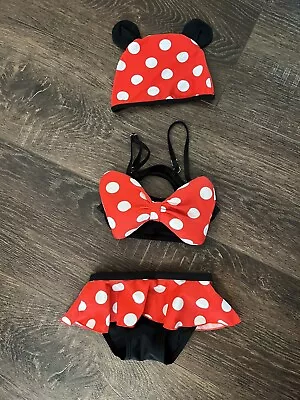 Youth Small Girls Minnie Mouse 2 Piece Swimsuit Disney Swimcap EXCELLENT • $10.58