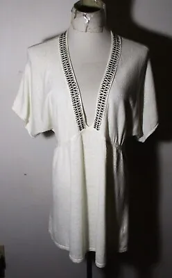 Women's MICHAEL KORS Ivory White Linen Beaded Top Size L • $33.60