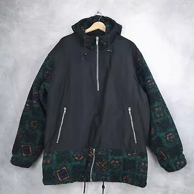 Vintage EMS Aztec Fleece Jacket Mens Large Green Black Hooded Anorak Oversized • $34.88