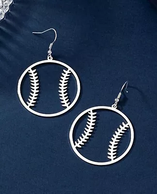 SILVER BASEBALL SOFTBALL DANGLE SPORTS EARRINGS~ HOOKS~GIFT  MOM Mother’s Day • $10.80