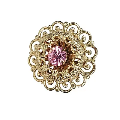 Vintage Coro Floral Filagree Brooch Pink Rhinestone Goldtone 1 3/8  • $18.95