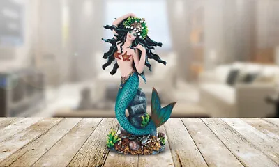 Turquoise Princess Mermaid Sitting On Rock Statue 11 H Figurine Room Decor • $75.25