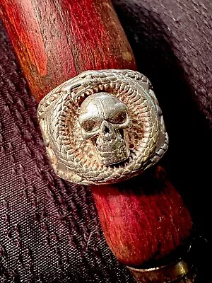 HEAVY VINTAGE STERLING SILVER SKULL SNAKE SIGNET RING FLEUR DE LI SIZE 9.5 10.2g • $59.99