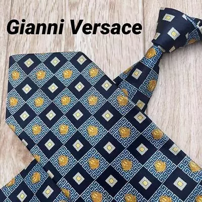 GIANNI VERSACE Rare Tie Dark Blue Medusa Logo Pattern Allover Silk Italy K424 • $70