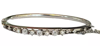 Vintage 14k White Gold Old Mine Cut Diamond Seed Pearl Bangle Bracelet • $1195