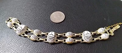 Rare Vintage Milk White Inscribed Scarab Double Link Gold Tone Bracelet 7  • $22.75