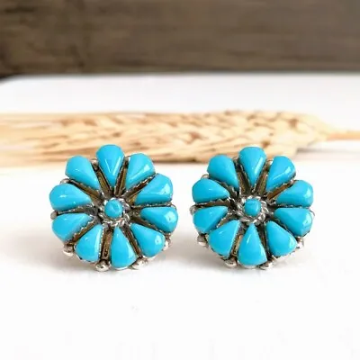 $55 • Buy Native American Navajo Sterling Silver Turquoise Cluster Round Flower Earrings