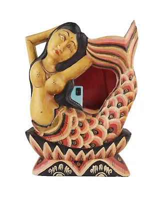 Indonesian Balinese Handcrafted Wooden Red Black Mermaid Standing Hanging Mirror • $29.89