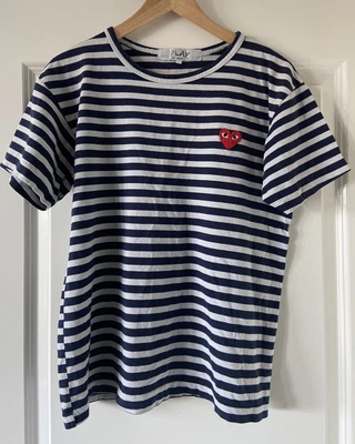 £25 • Buy Comme Des Garcons Play Blue & White Striped Short Sleeve T-Shirt  Size S