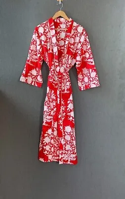 $36.29 • Buy Indian Women's Cloth Red Floral Printed Kimono Cotton Bath Robe Maxi Night Gown