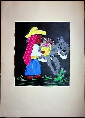 Mexican Folk Art Gouache Color Print Signed VVV Girl With Donkey & Flowers 1930s • $18.95